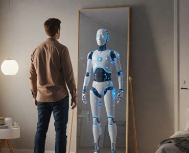 Come creare il tuo gemello digitale con ChatGPT: uomo davanti allo specchio con riflesso robotico AI