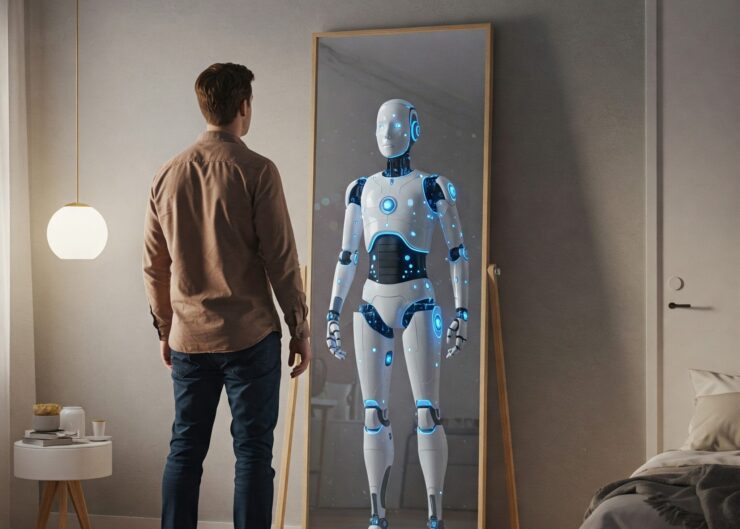 Come creare il tuo gemello digitale con ChatGPT: uomo davanti allo specchio con riflesso robotico AI