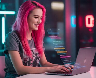 Seduta a una scrivania bianca, una giovane donna con capelli rosa sta digitando su un laptop. Lo schermo mostra suggerimenti di testo generati dall'intelligenza artificiale per la creazione di una sceneggiatura. Lo sfondo sfocato rivela un ambiente urbano alla moda.