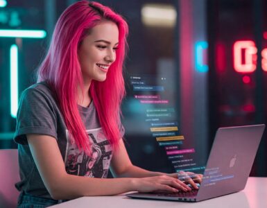 Seduta a una scrivania bianca, una giovane donna con capelli rosa sta digitando su un laptop. Lo schermo mostra suggerimenti di testo generati dall'intelligenza artificiale per la creazione di una sceneggiatura. Lo sfondo sfocato rivela un ambiente urbano alla moda.