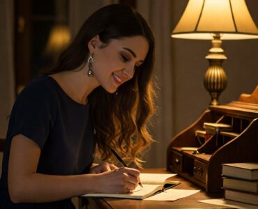 A woman with long, dark hair sits at a wooden desk. She is leaning over a notebook, writing with a pen. A lamp with a warm, yellow light shines on her from behind. The room is dimly lit, creating a cozy atmosphere.