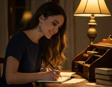 A woman with long, dark hair sits at a wooden desk. She is leaning over a notebook, writing with a pen. A lamp with a warm, yellow light shines on her from behind. The room is dimly lit, creating a cozy atmosphere.