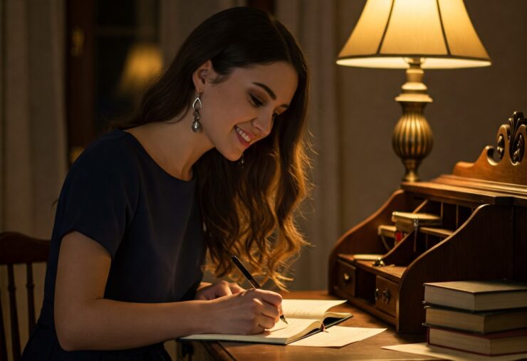 A woman with long, dark hair sits at a wooden desk. She is leaning over a notebook, writing with a pen. A lamp with a warm, yellow light shines on her from behind. The room is dimly lit, creating a cozy atmosphere.