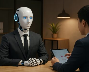 Robot in giacca e cravatta durante un colloquio di lavoro con un recruiter umano
