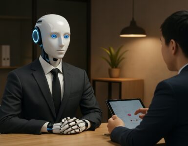 Robot in giacca e cravatta durante un colloquio di lavoro con un recruiter umano