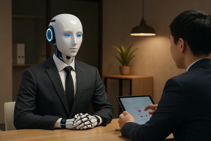 Robot in giacca e cravatta durante un colloquio di lavoro con un recruiter umano