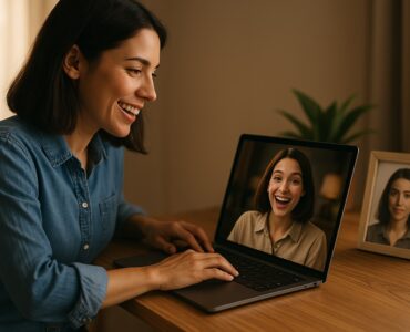 Donna sorridente che osserva una sua foto animata con l’intelligenza artificiale sullo schermo del computer, rappresentazione del processo per animare immagini statiche gratis con l’AI.