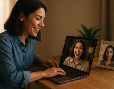 Donna sorridente che osserva una sua foto animata con l’intelligenza artificiale sullo schermo del computer, rappresentazione del processo per animare immagini statiche gratis con l’AI.