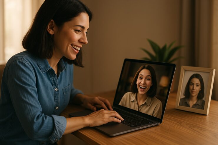 Donna sorridente che osserva una sua foto animata con l’intelligenza artificiale sullo schermo del computer, rappresentazione del processo per animare immagini statiche gratis con l’AI.