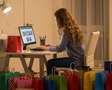 ragazza che fa shopping tra le offerte online grazie all'AI, in casa ha molte buste e scatole dello shopping