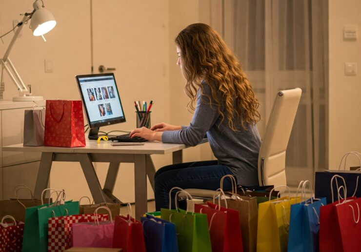 ragazza che fa shopping tra le offerte online grazie all'AI, in casa ha molte buste e scatole dello shopping