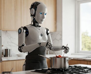 Robot che rappresenta l’intelligenza artificiale mentre cucina ai fornelli: come usare l’AI per preparare ricette con gli ingredienti che hai in casa