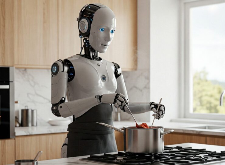 Robot che rappresenta l’intelligenza artificiale mentre cucina ai fornelli: come usare l’AI per preparare ricette con gli ingredienti che hai in casa