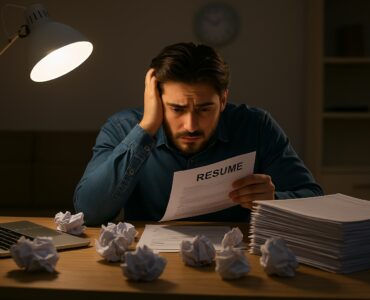 Uomo stressato mentre lavora sul proprio curriculum, simbolo della difficoltà nel creare un CV efficace senza l'aiuto dell'intelligenza artificiale