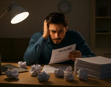 Uomo stressato mentre lavora sul proprio curriculum, simbolo della difficoltà nel creare un CV efficace senza l'aiuto dell'intelligenza artificiale