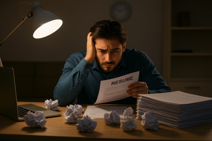 Uomo stressato mentre lavora sul proprio curriculum, simbolo della difficoltà nel creare un CV efficace senza l'aiuto dell'intelligenza artificiale