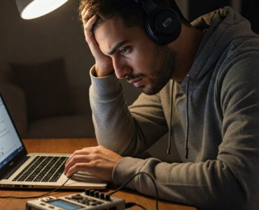 Un ragazzo con le cuffie sembra esausto mentre lavora su un laptop. Un registratore digitale è appoggiato sulla scrivania.