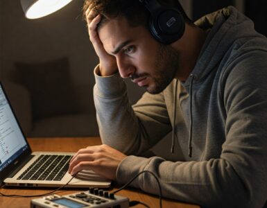 Un ragazzo con le cuffie sembra esausto mentre lavora su un laptop. Un registratore digitale è appoggiato sulla scrivania.