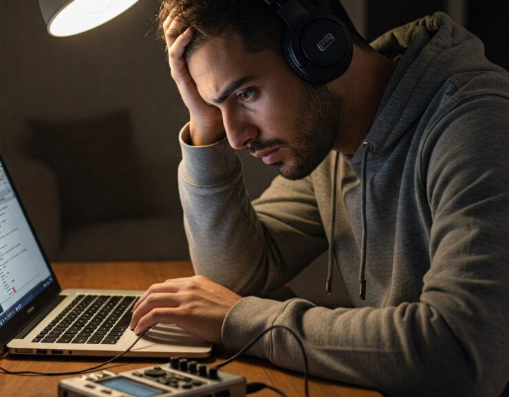 Un ragazzo con le cuffie sembra esausto mentre lavora su un laptop. Un registratore digitale è appoggiato sulla scrivania.