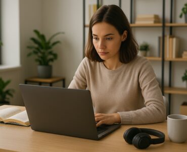 Donna trasforma un PDF in video narrato con l’intelligenza artificiale al computer