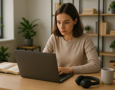 Donna trasforma un PDF in video narrato con l’intelligenza artificiale al computer