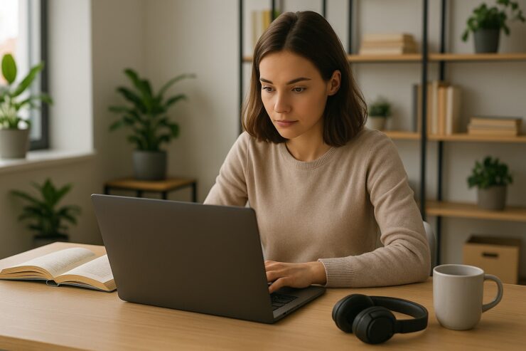 Donna trasforma un PDF in video narrato con l’intelligenza artificiale al computer