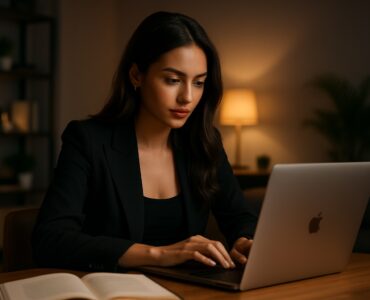 Donna concentrata lavora al laptop in una stanza moderna con luci soffuse, mentre sviluppa strategie di prompting con l’intelligenza artificiale.