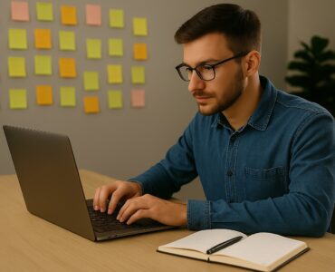 Giovane uomo seduto alla scrivania mentre fa brainstorming con l’aiuto dell’intelligenza artificiale su un notebook in un ambiente moderno e luminoso.