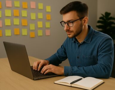 Giovane uomo seduto alla scrivania mentre fa brainstorming con l’aiuto dell’intelligenza artificiale su un notebook in un ambiente moderno e luminoso.