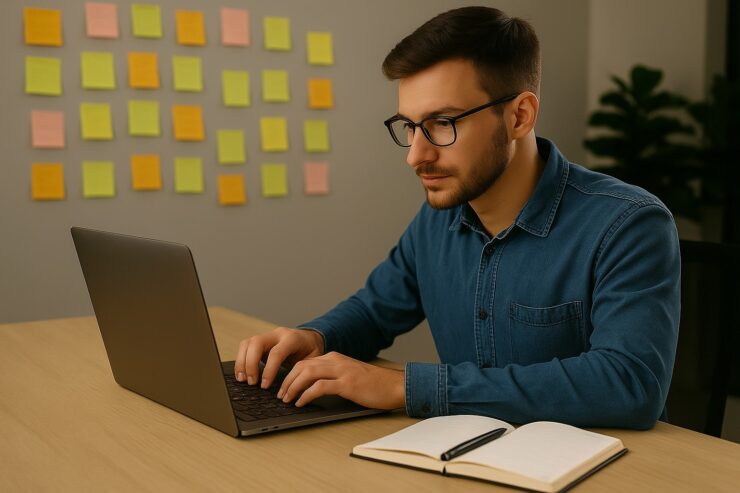 Giovane uomo seduto alla scrivania mentre fa brainstorming con l’aiuto dell’intelligenza artificiale su un notebook in un ambiente moderno e luminoso.